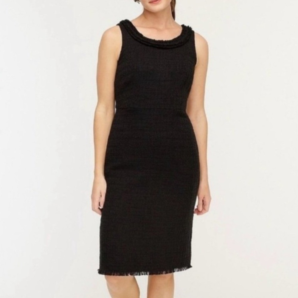 J Crew Sheath Dress Textured Fringe Tweed Sleeveless Knee Length Black Large 12